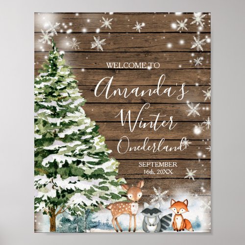 Winter Animal Wood Snowflakes ONEderland Birthday Poster