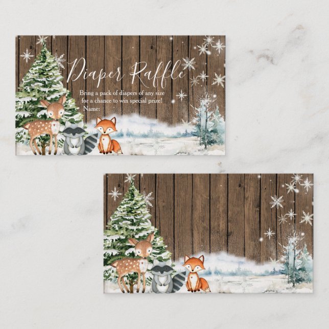 Winter Animal Woodland Snowflakes Diaper Raffle Enclosure Card (Front/Back)