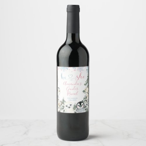  Winter animals artics Gender Reveal Wine Bottle Wine Label