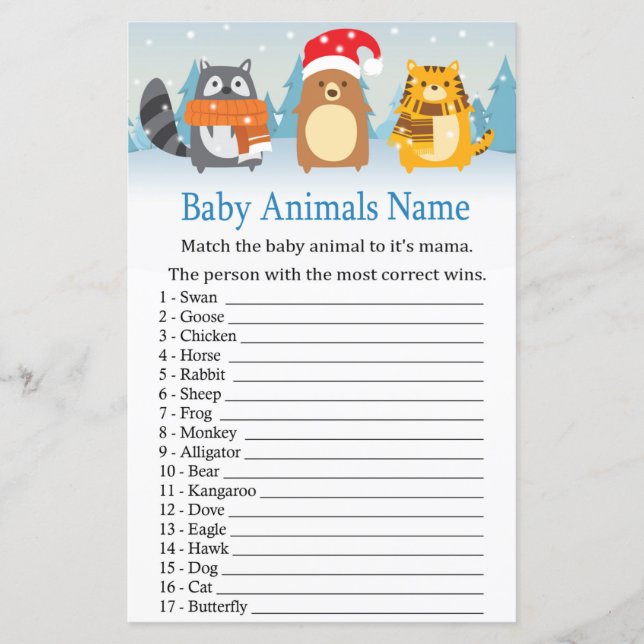 Winter animals Baby Animals Name Game baby shower (Front)