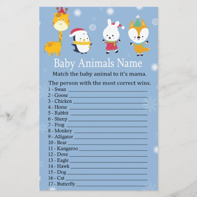 Winter animals Baby Animals Name Game baby shower (Front)