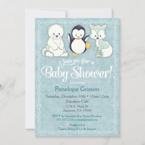 Winter Animals Baby Shower Invitation Bear Penguin