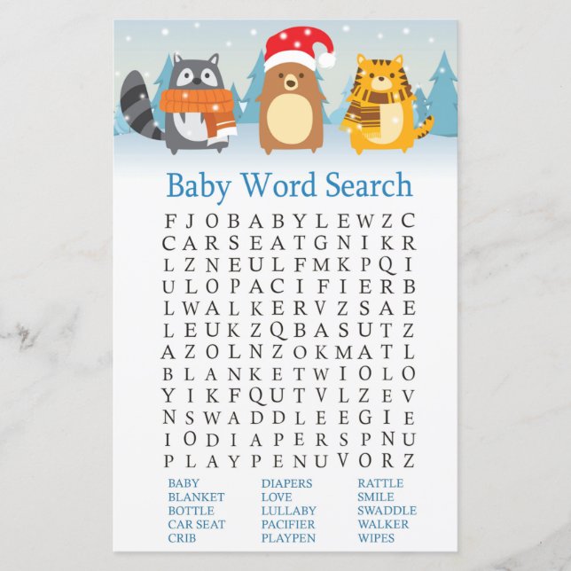 Winter animals Baby Shower Word Search Game (Front)