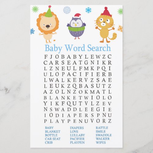 Winter animals Baby Shower Word Search Game