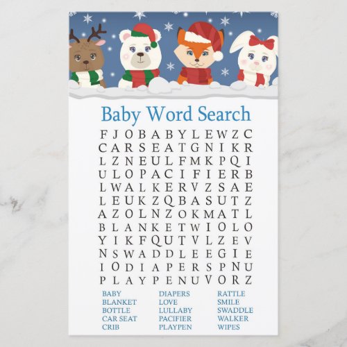 winter animals Baby Shower Word Search Game