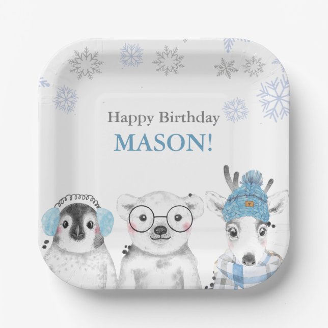 Winter Animals Birthday Boy  Paper Plates (Front)