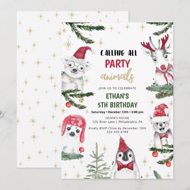 Winter Animals Birthday Christmas Funny Invitation (Front/Back)
