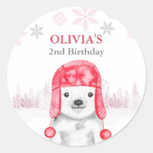 Winter Animals Birthday Girl Bear Classic Round Sticker