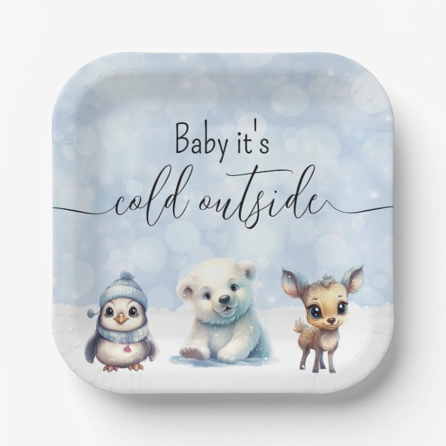 Winter Animals Cold Outside Baby Shower Paper Plates (Front)