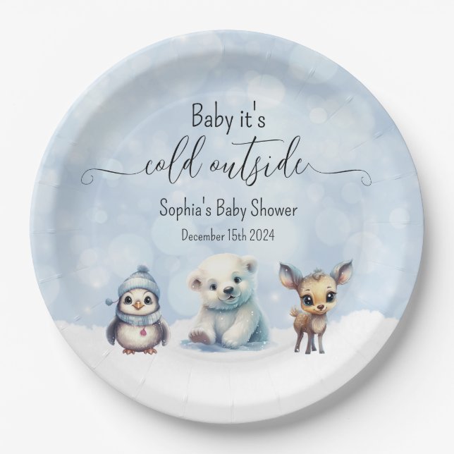 Winter Animals Cold Outside Baby Shower Paper Plates (Front)