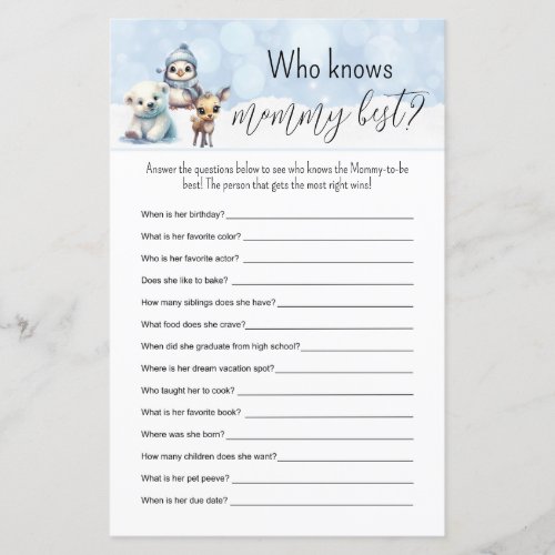 Winter Animals Fill in the Blanks Baby Shower Game