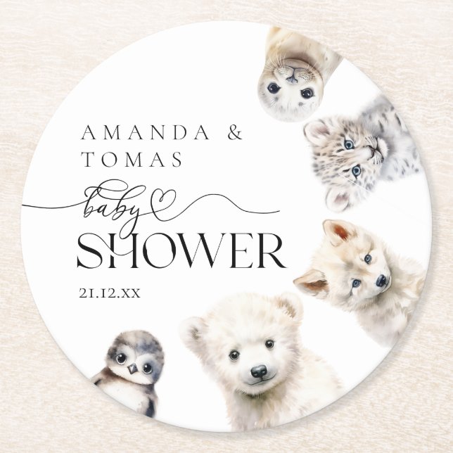 Winter Animals Gender Neutral Thanks Baby Shower Round Paper Coaster (Front)
