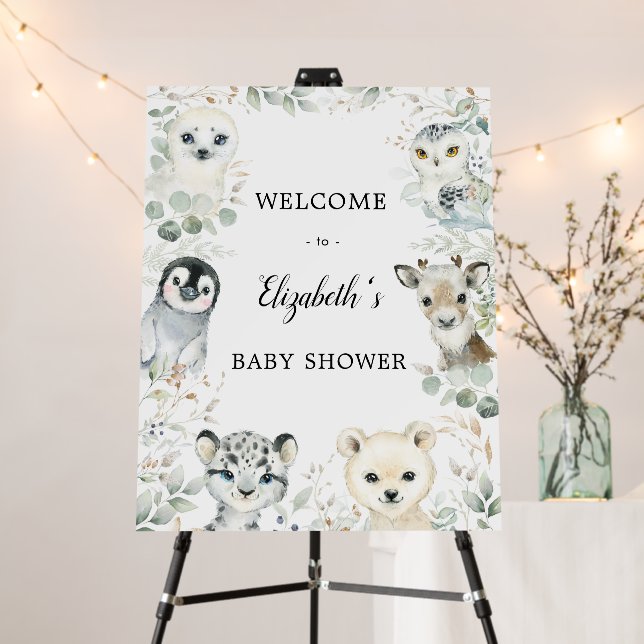 Winter Animals Greenery Gold Baby Shower Welcome Foam Board (In Situ (Stand))