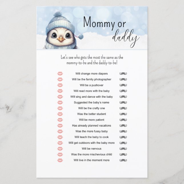 Winter Animals Mommy or Daddy Baby Shower Game (Front)