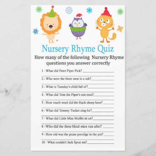 Winter animals Nursery Rhyme Quiz baby shower game