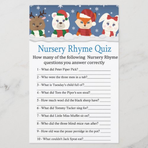 winter animals Nursery Rhyme Quiz baby shower game