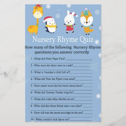 Winter animals Nursery Rhyme Quiz baby shower game