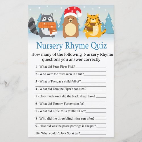 Winter animals Nursery Rhyme Quiz baby shower game