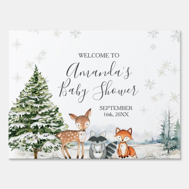 Winter Animals Snowflakes Baby Shower Welcome Sign (Front)