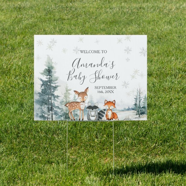 Winter Animals Snowflakes Baby Shower Welcome Sign (Insitu)