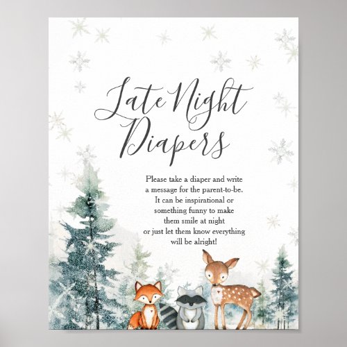 Winter Animals Snowflakes Late Night Diapers Poster