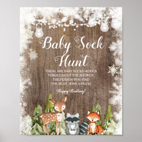 Winter Animals Snowflakes Wood Baby Sock Hunt Poster