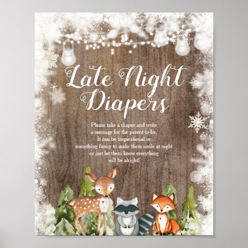Winter Animals Snowflakes Wood Late Night Diapers Poster