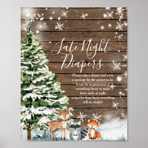 Winter Animals Snowflakes Wood Late Night Diapers Poster