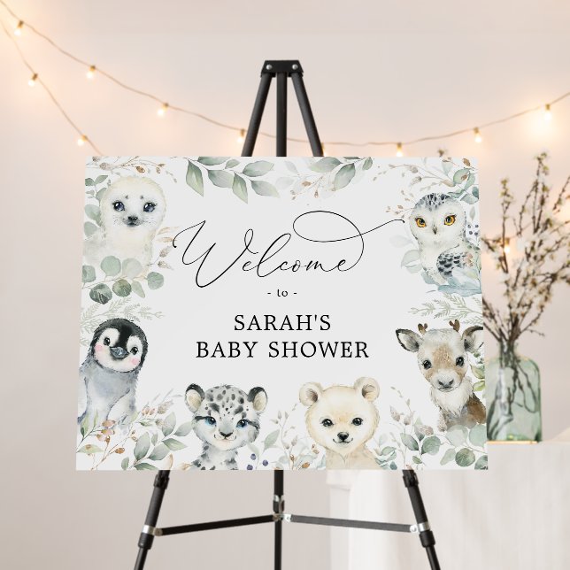 Winter Animals Soft Greenery Baby Shower Welcome Foam Board (In Situ (Stand))