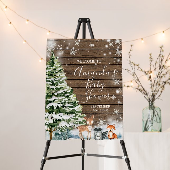 Winter Animals Wood Snowflakes Baby Shower Welcome Foam Board (In Situ (Stand))