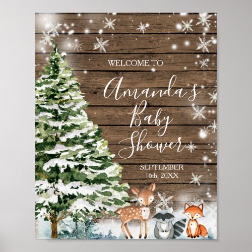 Winter Animals Wood Snowflakes Baby Shower Welcome Poster