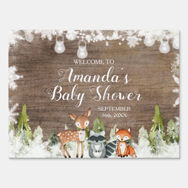 Winter Animals Wood Snowflakes Baby Shower Welcome Sign (Front)