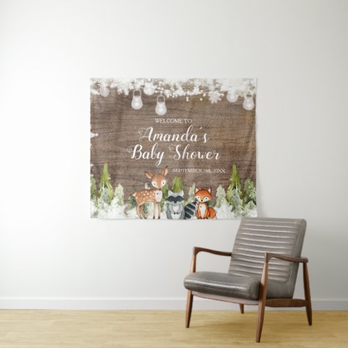 Winter Animals Wood Snowflakes Baby Shower Welcome Tapestry