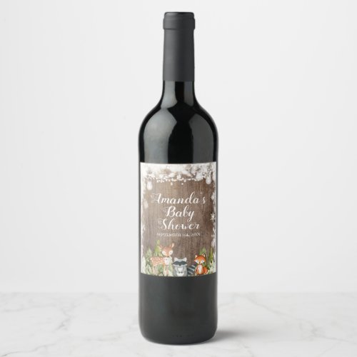 Winter Animals Wood Snowflakes Baby Shower Wine Label