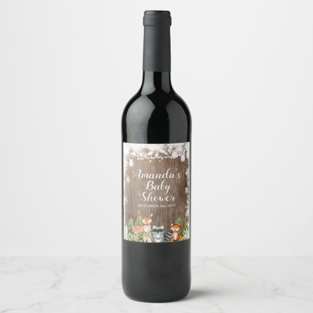 Winter Animals Wood Snowflakes Baby Shower Wine Label (Front)