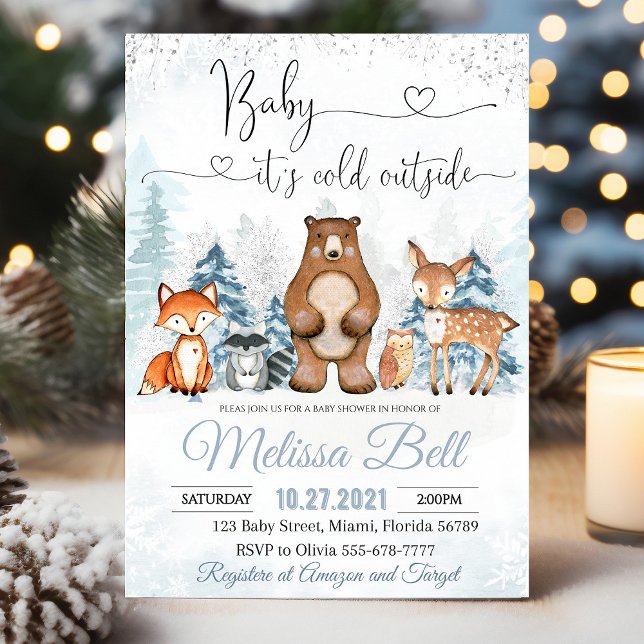 Winter Animals Woodland Baby Shower It's cold outs Invitation (Winter Animals Woodland Boy Baby Shower invitation featuring snowy forest animals like bears, foxes,)