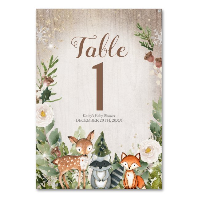 Winter Animals Woodland Table Number Baby Shower (Front)