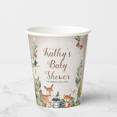 Winter Animals Woodland White Floral Baby Shower Paper Cups