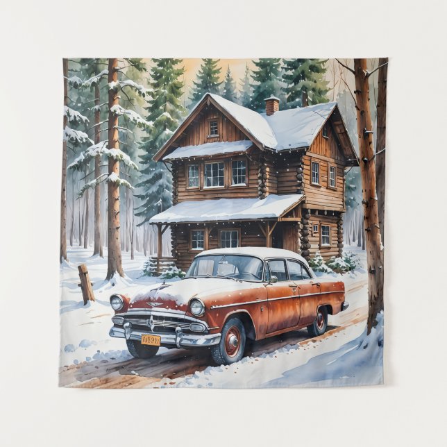 Winter Antique Car Tapestry (Front)