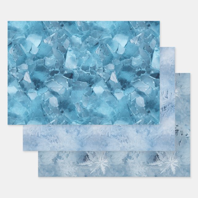 Winter Aqua Blue Ice Snowflakes Christmas Wrapping Paper Sheets (Set)