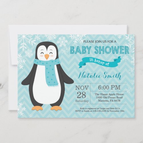 Winter Aqua Penguin Baby Shower Invitation