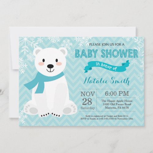 Winter Aqua Polar Bear Baby Shower Invitation