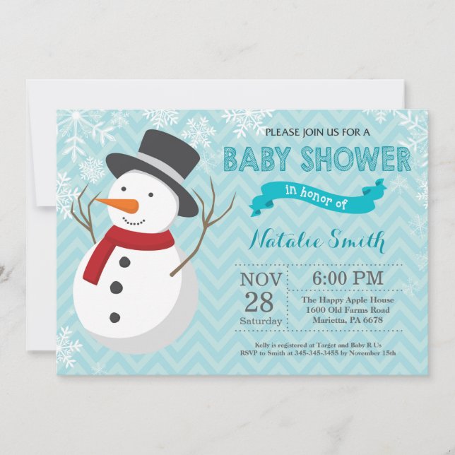Winter Aqua Snowman Baby Shower Invitation (Front)