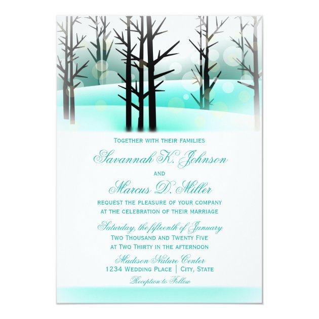 Winter Aqua Woodland Trees Wedding Invitations