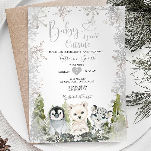 Winter arctic Animal Baby Shower Silver Snowflakes Invitation