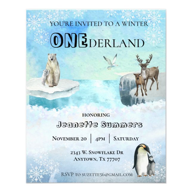 Winter Arctic Animal Birthday 1st First Onederland Flyer (Front)