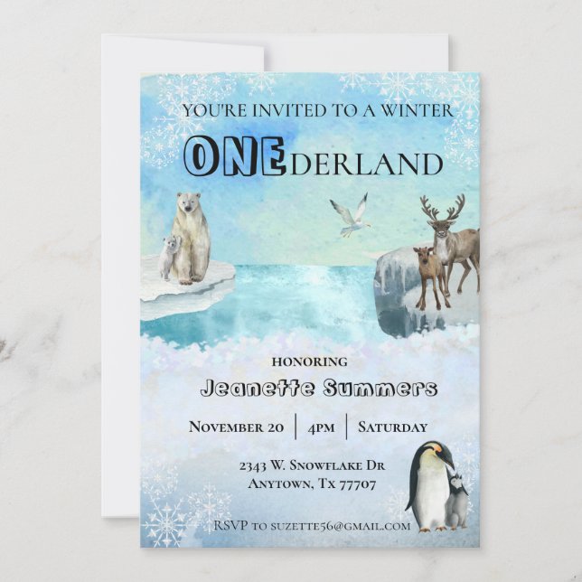 Winter Arctic Animal Birthday 1st First Onederland Invitation (Front)