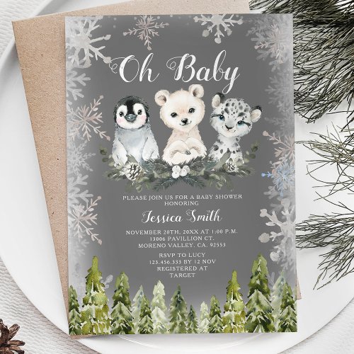 Winter Arctic Animal Forest Snowflakes Baby Shower Invitation