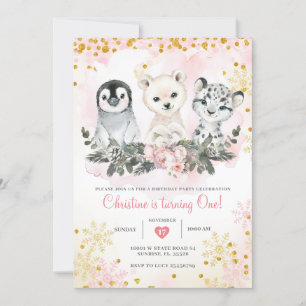 Winter Arctic Animals First Girl Birthday  Invitation