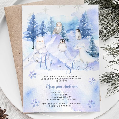 Winter Arctic Animals Gender Reveal He or She  Invitation